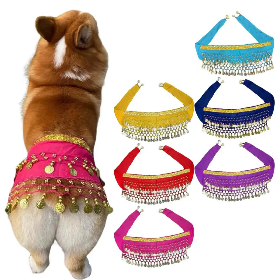 Dog Dance Costume Corgi Waist Chain Butt Curtain Clothes Pet Sequin Belly Dance Prop Puppy Shaking Hip Scarf Halloween Accessory